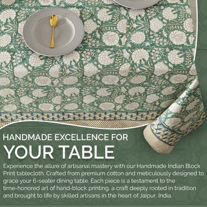 Indian Handblock Print Floral Cotton Table Cloth|Rectangle 60X90 Inch 6-Seater Kitchen Dining Table Cloth|Mother'S Day St.Patrick Wedding Holiday Party Decorative Table Cover|Moss Green4