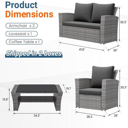 Wicker Patio Conversation Set with Tempered Glass Table and Outdoor Cushions for Backyard Living2