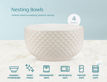 Ceramic Mixing Bowls, Nesting Set of 4, Embossed Kitchen Dishware, Prep, Serving, Gift, Microwave and Dishwasher Safe, 20/44/98/145 Oz, Narbonne Collection (Ivory)6