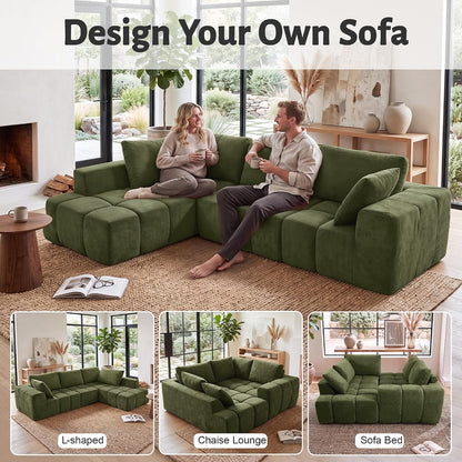 116" Modular Boneless Couch for Living Room, Modern Sectional Chenille Sofa with Oversized Deep Seat,Cloud Couch with L-Shape Chaise,No Assembly Required,Green3