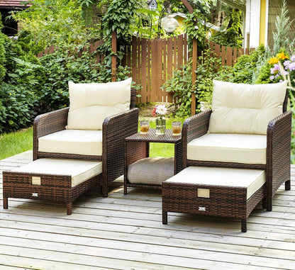 5 Pieces Patio Furniture Set, Rattan Balcony Furniture with Ottomans, PE Wicker Outdoor Patio Chairs Set with Coffee Table for Poolside, Porch, Lawn, Garden, Balcony(Beige)1