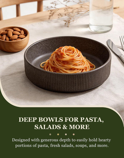 24-Piece Dinnerware Set for 6 with Bowl, Ribbed Stoneware Plates and Bowls Sets, Unique Handcrafted Reactive Glaze, Chip and Scratch Resistant Dish Set, Microwave & Dishwasher Safe, Black4