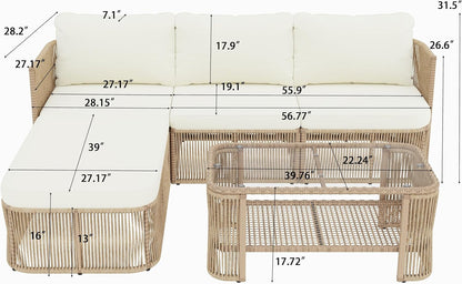 Outdoor Patio Furniture Set, PE Rattan Wicker Conversation Sofa Set with Iron Frame Cushions and Glass Top Coffee Table, Modular Backyard Balcony Seating Set, Dark Beige5