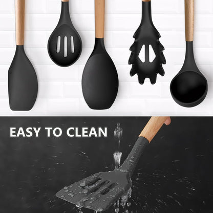 Silicone Kitchen Utensils Set of 6, Cooking Utensils Set with Heat Resistant Wooden Handle, Nonstick Silicone Spatula Spoon Turner Ladle, Cooking Kitchen Gadget for Cookware & Baking BPA FREE7