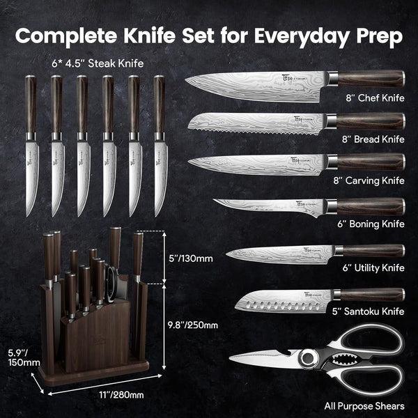 15-Piece Kitchen Knife Set with Magnetic Block, New for 2026 | Detachable Steak Knife Block for Table Service, Built-In Sharpener, Wood Handle, Damascus Pattern, Housewarming Gifts7