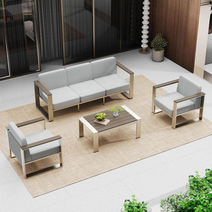 Outdoor Furniture Set, 4 Piece Aluminum Patio Furniture Set with Coffee Table, Wide Seat and Thick Cushions, Outdoor Patio Conversation Sets for Deck, Porch (Lightgray)1