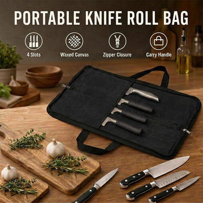 Knife Roll,Heavy Duty Knife Bag,Waxed Canvas Knife Case with 4 Slots for Knives & Kitchen Tools,Chef Knife Bag with Handle.Portable Knife Roll Bag for Stroage Home Traveling Camping.Case Knives Pouch8