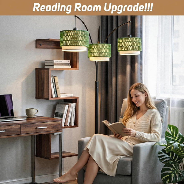 3-Light Arc Rattan Floor Lamp for Living Room,80'' Boho Tree Lamp | Heavy Natural Marble Base, 1/2/3-Light Rotary Switch,Double-Layer Green Wicker/Fabric Shades for Coastal Style,8 Ft+ Ceilings9