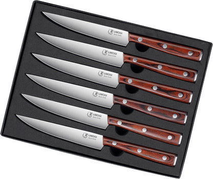 Premium Steak Knives Set of 6 in Gift Box - Polished Wood Handle, HC German Stainless Steel, Straight Edge Non Serrated - 4.8''Dinner Knife, Kitchen Tableware Knives Cutlery Set1