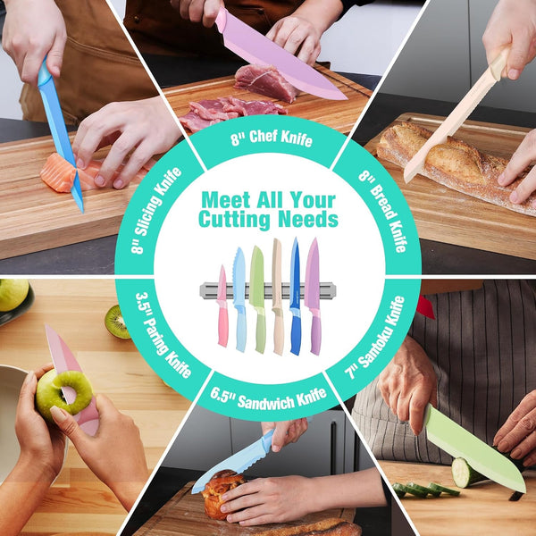 6PCS Colorful Kitchen Knife Set with Magnetic Knife Strip for Wall | Knives Set for Kitchen, Non-Stick Coated Stainless Steel Blades for Slicing, Dicing, Magnetic Knife Holder for Storage8