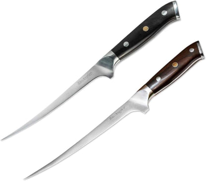 German Steel Fillet Knife 6 Inch - Meat Boning Knife, Professional Super Sharp Fish Knife Made of German Stainless Steel Boning Knife, W/Sheath (Ebony, 8")1
