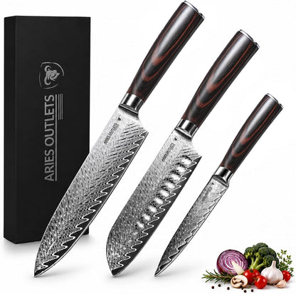 3 Piece Japanese Kitchen Knife Set, VG10 Core Damascus Knives1