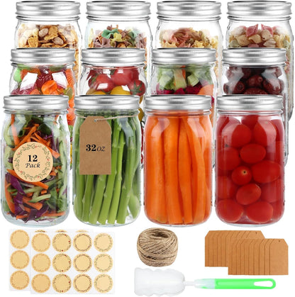 Wide Mouth Mason Jars with Lids 32 Oz, 12 Pack Quart Canning Jars | Clear Glass Mason Jars with Lids and Bands for Preserving, Canning, Meal Prep, Pickling1