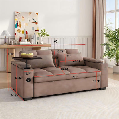 65" 3-In-1 Pull-Out Sofa Bed, Compact Convertible Sleeper Couch with Rotating Side Table, USB Charging Ports, Storage Armrests & Adjustable Comfort for Guests & Small Living Rooms3