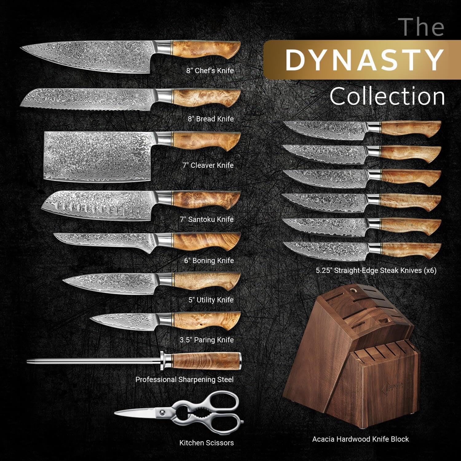 senken-16-piece-damascus-knife-block-set-the-dynasty-collection-japanese-vg10-damascus-steel-with-natural-sycamore-wood-handles-steak-knives-scissors-sharpening-rod-16-piece-knife-block-set
