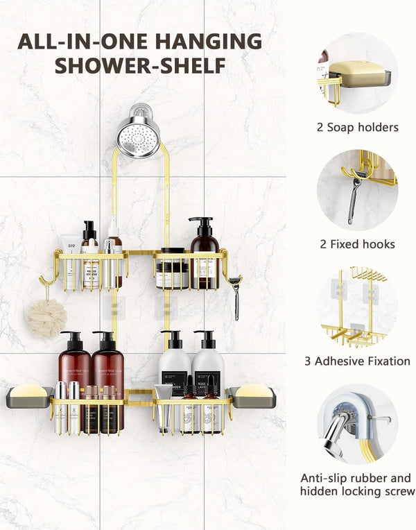 Adjustable Shower Caddy Hanging - Never Rust Shower Organizer Hanging, Aluminum Shower Racks for inside Shower - Bathroom Organizers and Storage with 2 Soap Holders and 2 Removable Hooks Gold5