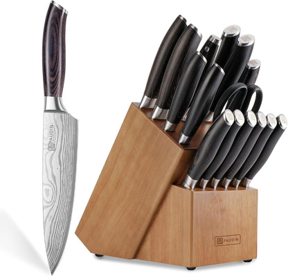17 PCS Kitchen Knife Set, Razor Sharp Knife Block Sets, Ideal Gifts | Elegant Kitchen Knife Set with Block, Knife Set with Built-In Sharpener, Dishwasher Safe1