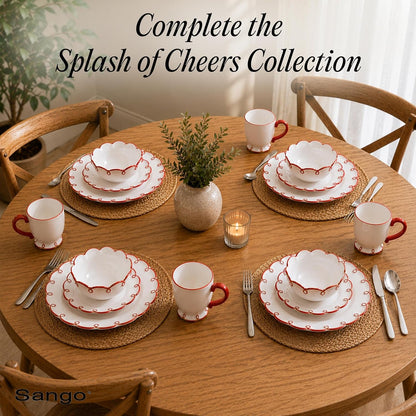12-Piece Stoneware Dinnerware Set for 4, Glossy White Plates and Bowls Sets with Red Scalloped Rims, Premium Dish Set, Dishes for Hosting Parties, Birthday & Wedding Gifts, Splash of Cheers4