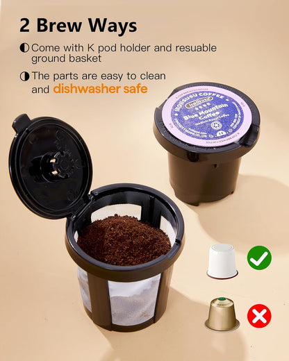 Mini Single Serve Coffee Maker for K Cups and Grounds with Handle | for Travel, Camping, Office, RV and Dorm, Portable Handle, 120V, 6 to 12 Oz Brew Size, BPA Free, K302, Black and Gold8