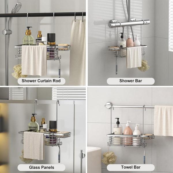 Hanging Shower Caddy, 304 Stainless Steel Shower Organizer with Towel Bar & Hooks, over Shower Rod, Towel Bar or Glass Panel Storage Basket with Soap Holder, Rustproof Bathroom Caddy, 1 Pack4