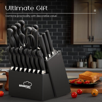 Knife Set,  21 Pieces Kitchen Knife Set with Block and Sharpener, Ultra-Sharp Knives Set with Ergonomic Handles, Black German Stainless Steel Knife Block Set, Dishwasher Safe7