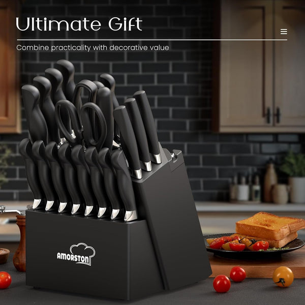 Knife Set,  21 Pieces Kitchen Knife Set with Block and Sharpener, Ultra-Sharp Knives Set with Ergonomic Handles, Black German Stainless Steel Knife Block Set, Dishwasher Safe7