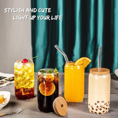 16 Oz Drinking Glasses - 8 Pcs Glass Cups with Bamboo Lids and Straws | Food-Grade Durable Clear Tumbler, Coffee Bar Accessories, Aesthetic Gift, for Beer, Iced Tea, Include 2 Cleaning Brushes3