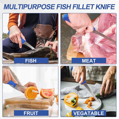 7" Fillet Knife, Semi-Flexible High Carbon Steel for Fish W/Sheath7