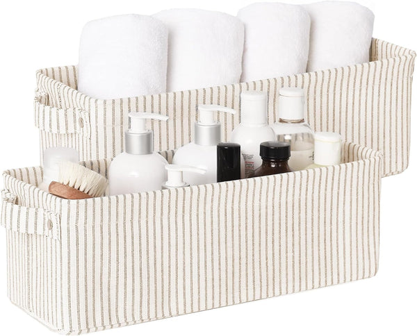 Fabric Narrow Storage Bins, Khaki and Beige Stripes, 2-Pack1