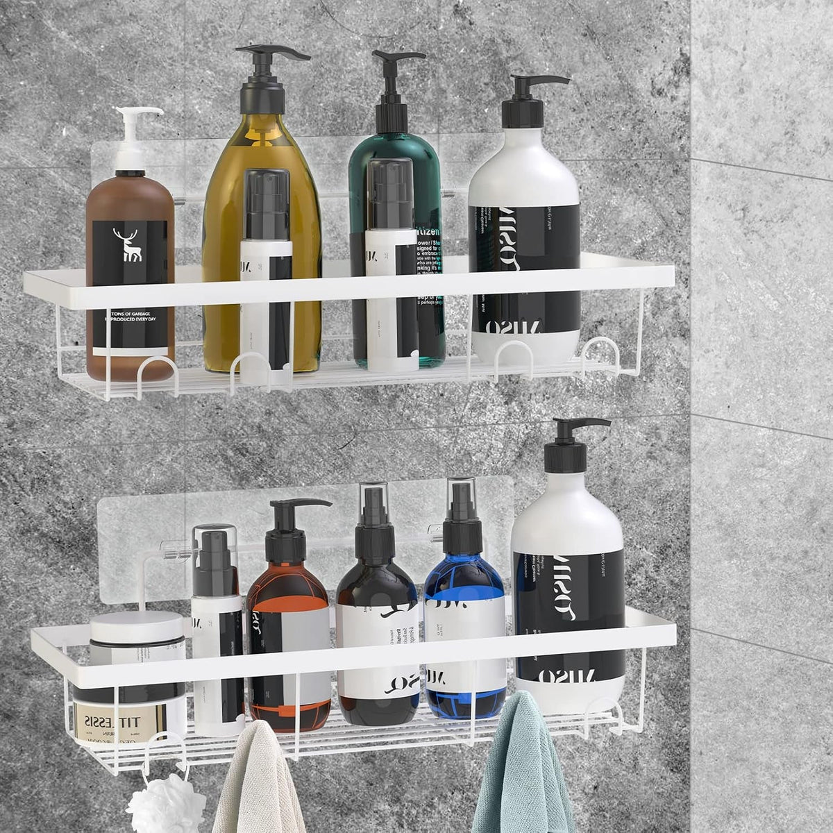 2-pack-adhesive-white-shower-caddy-organizer-with-hooks-rustproof-no-drilling-wall-mounted-storage-shelf-rack-for-inside-shower-bathroom-kitchen
