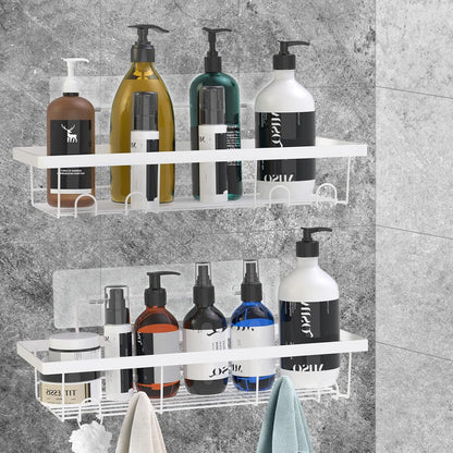 2 Pack Adhesive White Shower Caddy Organizer with Hooks, Rustproof No Drilling Wall Mounted Storage Shelf Rack for inside Shower/Bathroom/Kitchen1