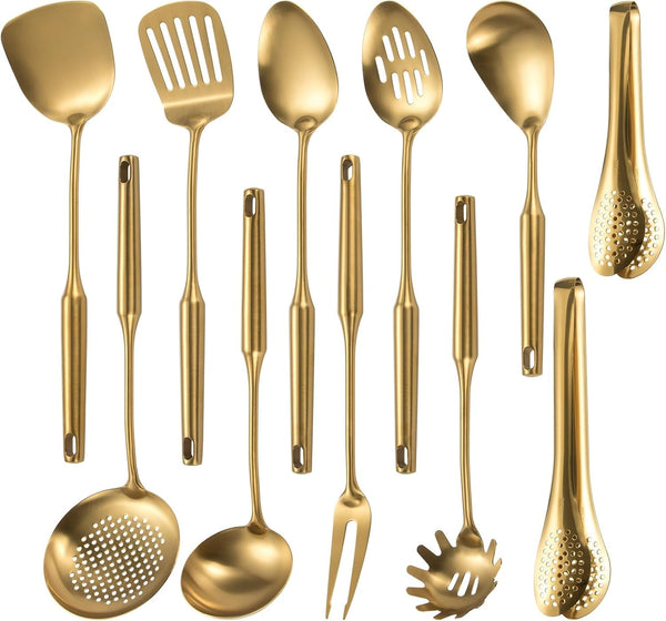 304 Stainlss Steel Matte Kitchen Utensils Set, 11 Pcs Long Metal Cooking Utensil Gadgets Tools Set with Spatula, Spoon, Ladle, Skimmer, Tunner, Pasta Server, Tongs(Gold, Dishwasher Safe)1