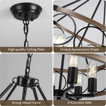 6-Light Farmhouse Chandelier for Dining Room, 21.65'' Black Rustic Industrial Drum Chandeliers Imitation Wood Grain Pendant Light Fixture for Kitchen Island Entryway Foyer Bedroom Hallway,E26 Metal6