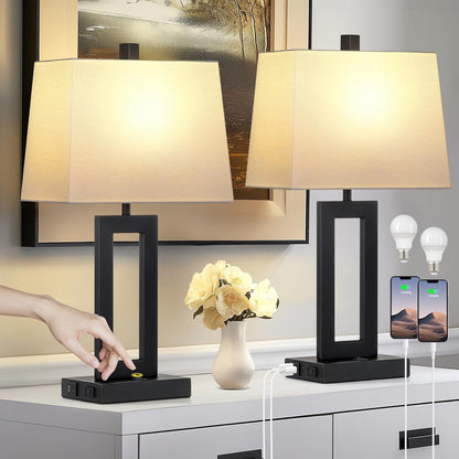 Black Bedside Table Lamp Set of 2,Nightstand Lamps with USB Ports1