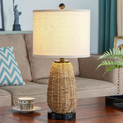 Touch Control Rattan Table Lamps, 3 Way Dimmable Bedside Lamps for Bedroom Set of 2 with 2 USB Ports and AC Outlet, Nightstand Lamps for Living Room (LED Bulbs Included), Grass7