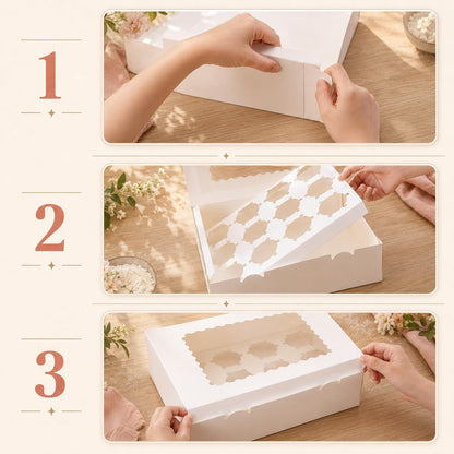 12 Count Cupcake Boxes, 4PCS Cupcake Container with Window and Inserts | Cupcake Holder, Boxes Holding 48 Pastry Box for Birthday Holiday Party, Bakery Supplies for Cupcakes, Desserts (White)5