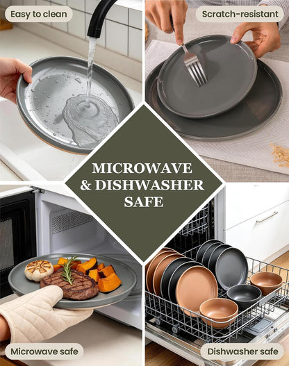 24-Piece Dinnerware Sets for 6, Ceramic Plates and Bowls Set with Partially Unglazed Base, Handcrafted Look, Stoneware Dishes Set for Kitchen, Gray, Dinner & Dining, Microwave & Dishwasher Safe6
