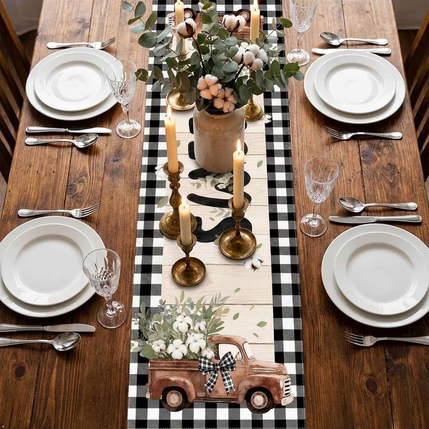 farmhouse-buffalo-plaid-table-runner-vintage-truck-cotton-13-x-72-inches