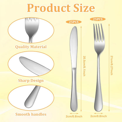 50 Pieces Stainless Steel Fork and Knife Set, 8 Inches Silverware Set with 25 Dinner Knives and 25 Dinner Forks, Dishwasher Safe Tableware Cutlery for Kitchen Restaurant Home2