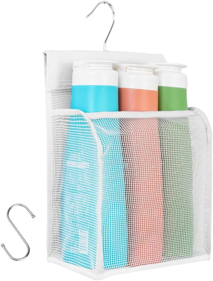 Hanging Mesh Shower Caddy Organizer Bathroom Storage Bag with Hooks for College Dorm, Gym, Swimming,Rv and Travel,White1