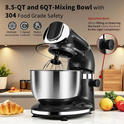 Stand Mixer, 8.5QT+ 6QT Two Stainless Steel Bowls Electric Food Mixer Black | 7 in 1 Multifunctional Kitchen Mixer with Dough Hook, Whisk, Beater, Meat Grinder,Pasta & Cookie Maker3