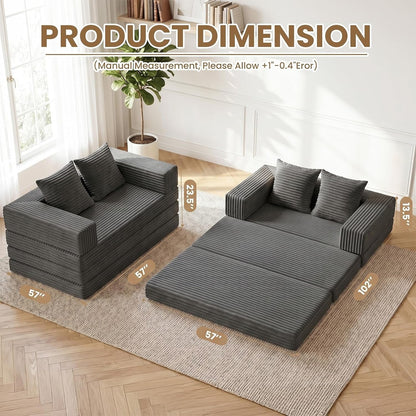 Boneless Loveseat Sofa Bed,Small Couch Bed Futon Sleeper Sofa,Convertible Pull Out Couch with Removable Armrests Backrest,Corduroy Folding Floor Boneless Couch for Living Room,Small Space,Grey2