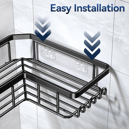 Corner Adhesive Shower Caddy, with Soap Holder and 12 Hooks, Rustproof Stainless Steel Bathroom Organizer, No Drilling Wall Mounted Rack, Black, 3-Pack5