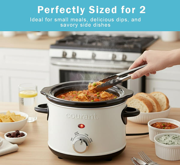 Slow Cooker Mini, Electric round Ceramic Pot, Adjustable Temp, Entrees, Sauces, Stews & Dips, Cool Touch Handles, Dishwasher Safe Glass Lid 1.5 Quart White Crock4