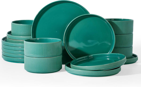 Stoneware Dishes Dinnerware Sets for 6, Ribbed Plates and Bowls1