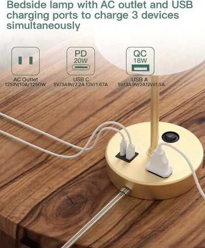 Bedroom Table Lamp, Bedside Lamp with AC Outlet and USB C Charging Ports(Pd 20W), 3-Way Dimmable Lamp with Switch, Lamps with Shade for Night Stands, Living Room, Desk, and Home Office, 6.5Ft3