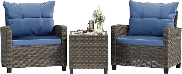 3 Pieces Patio Furniture Set 3 Pieces PE Rattan Wicker Chairs with Table Outdoor Furniture for Backyard/Garden/Poolside/Outdoor Restaurant Gary Rattan with Blue Cushion1