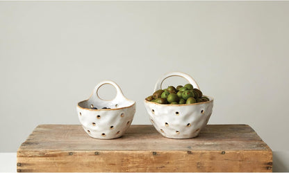 Creative Co-Op 2‑Piece Stoneware Colanders with Handles, Reactive Cream Glaze2