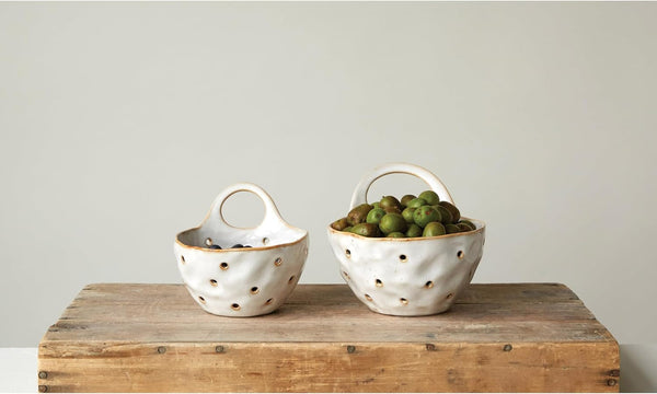 Creative Co-Op 2‑Piece Stoneware Colanders with Handles, Reactive Cream Glaze2