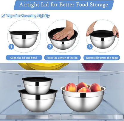 Mixing Bowls with Lids Set of 3, Stainless Steel Nesting Metal Bowls5